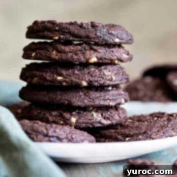 A tempting stack of Baileys Chocolate Mint cookies arranged on a clean white plate, showcasing their inviting texture and rich color, perfect for a festive treat.