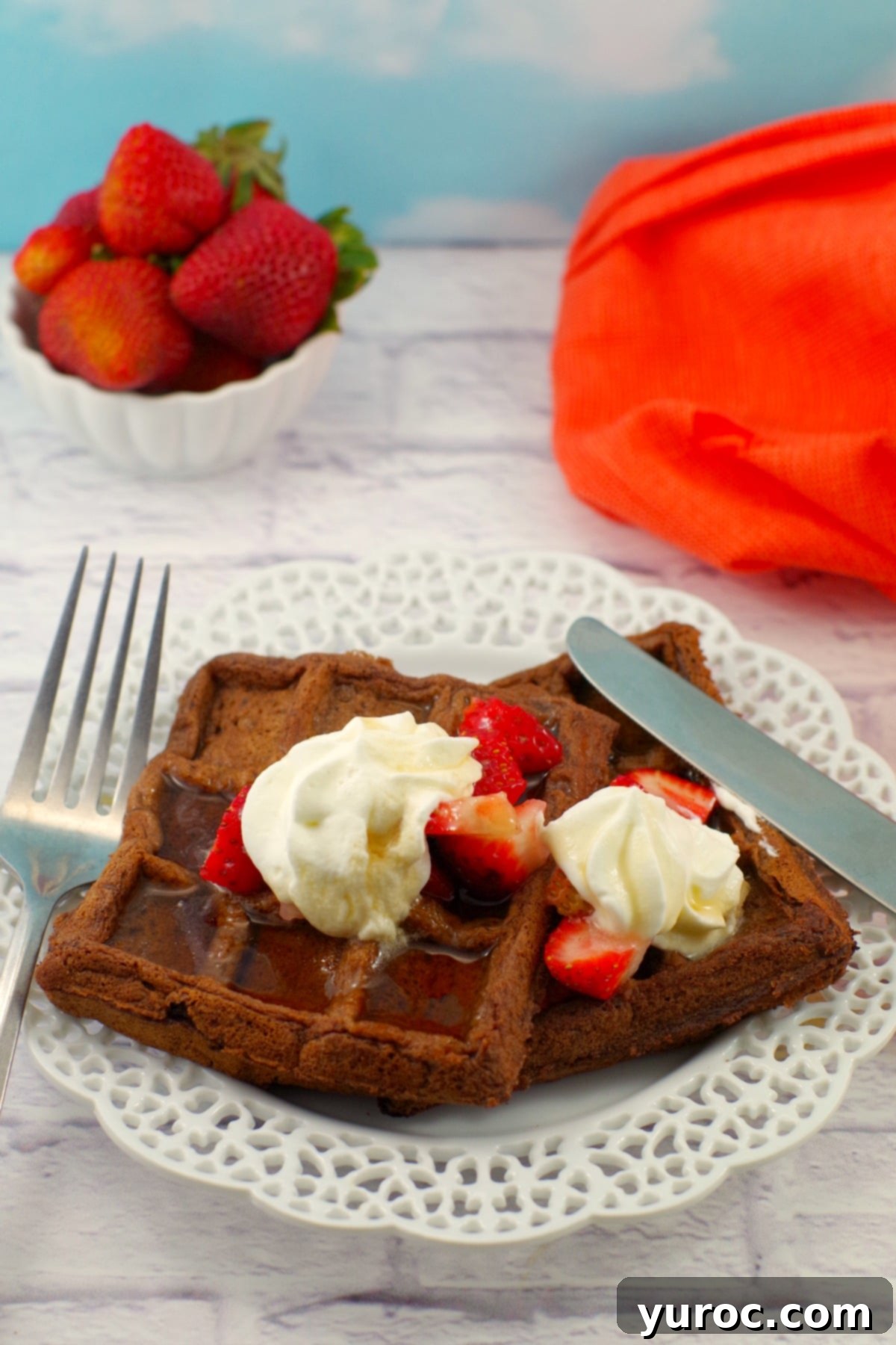 Decadent Belgian Chocolate Waffles 15 Waffles with chocolate | Belgian Chocolate Waffles garnished with fresh raspberries and chocolate shavings.