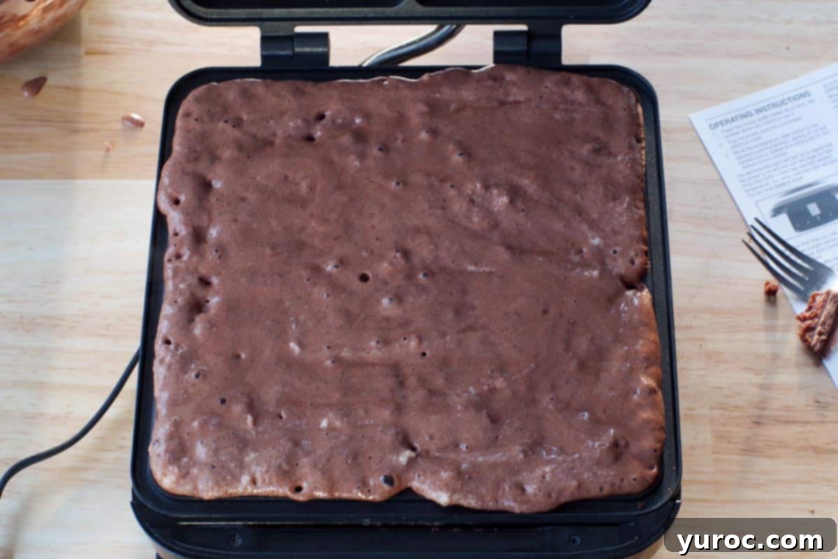 Decadent Belgian Chocolate Waffles 10 waffle batter poured onto hot prepared waffle iron