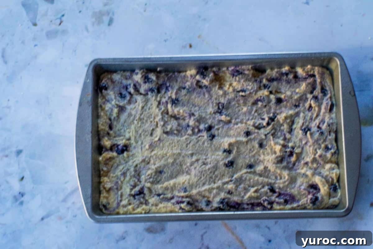 Wholesome Blueberry Cornbread Delight 11 Healthy blueberry cornbread batter evenly spread into a prepared 11x7 inch baking pan.