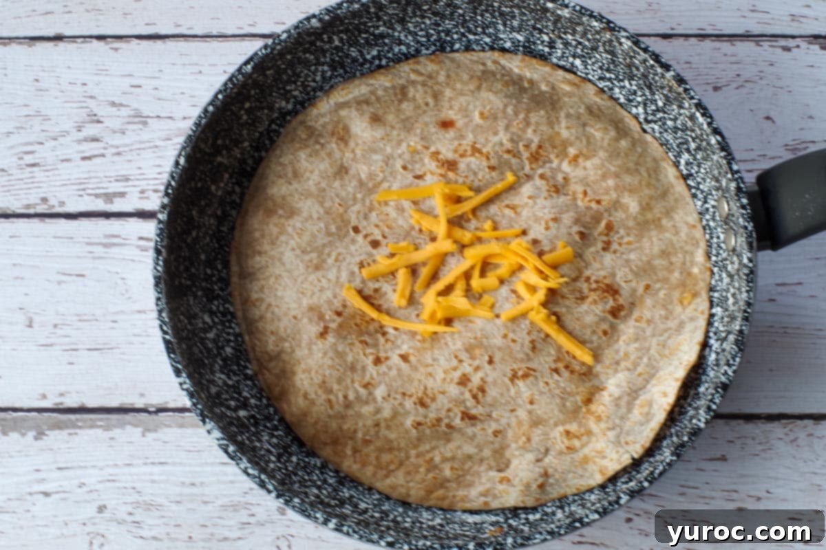 Quick Rotisserie Chicken Quesadillas 8 Quesadilla with a little cheese sprinkled on, cooking in the pan.