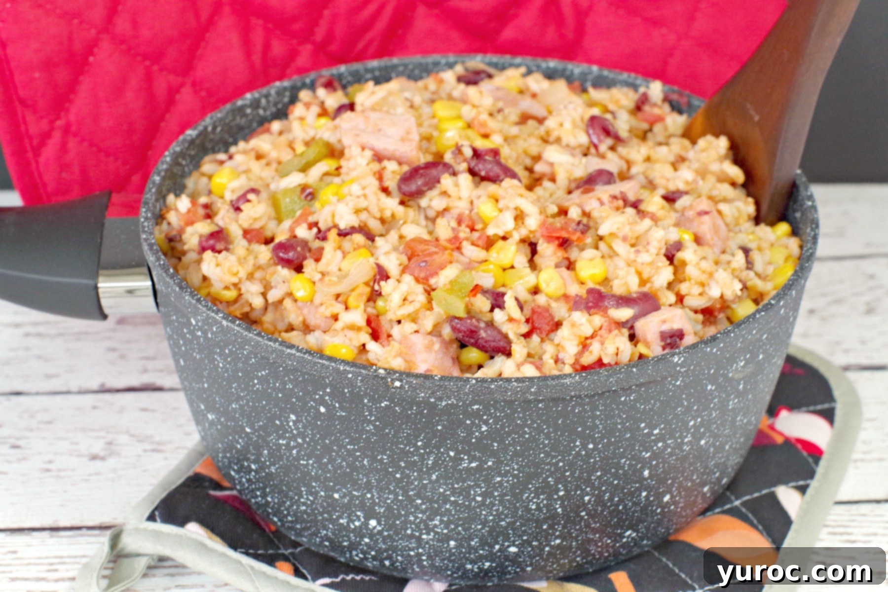 Leftover Ham, Rice and Beans in black and white speckled pot