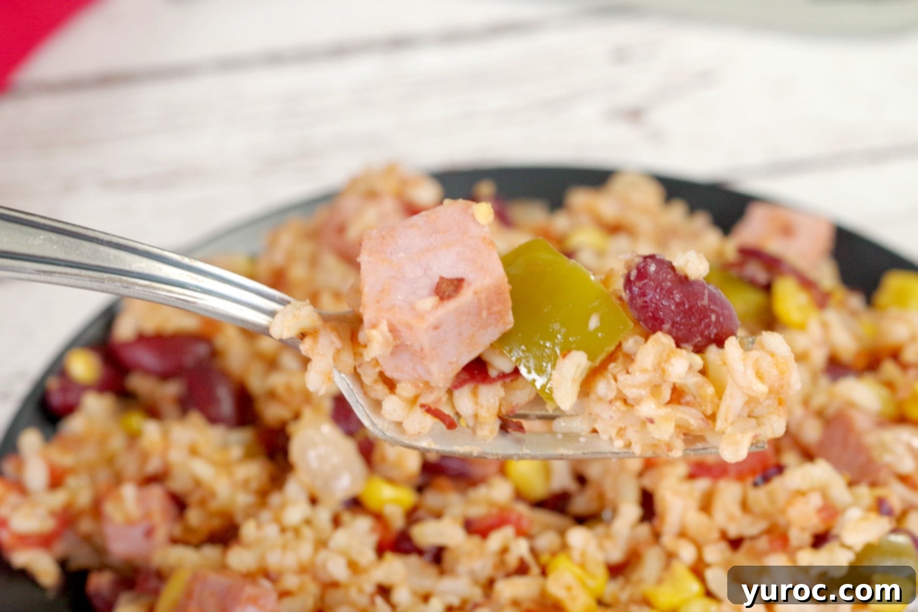 Leftover Ham, Rice and Beans being held on a fork with plate of it in the background