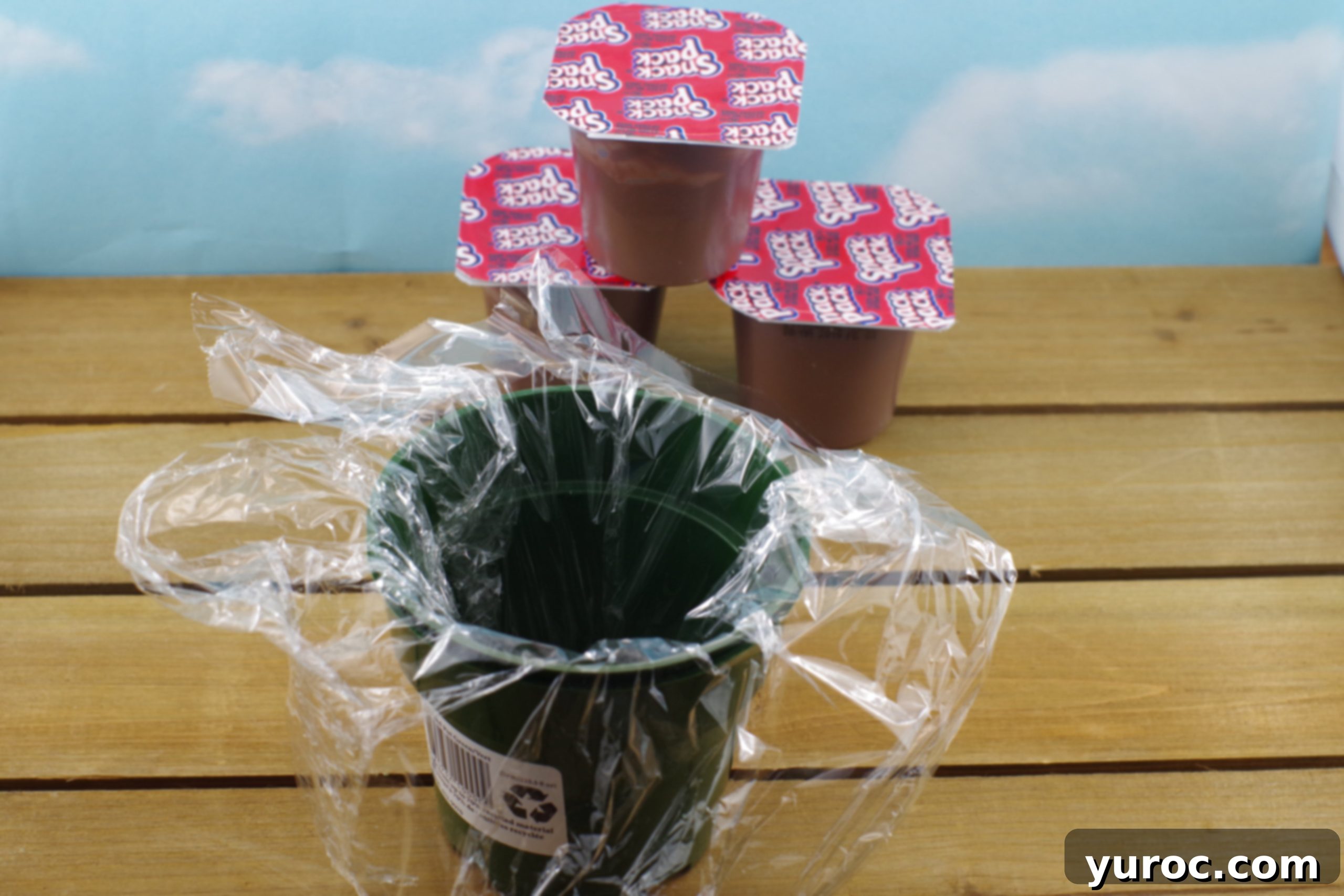 Sweet Seedlings 4 Plastic-lined flower pot with pudding in background, ready for Oreo 'dirt'.