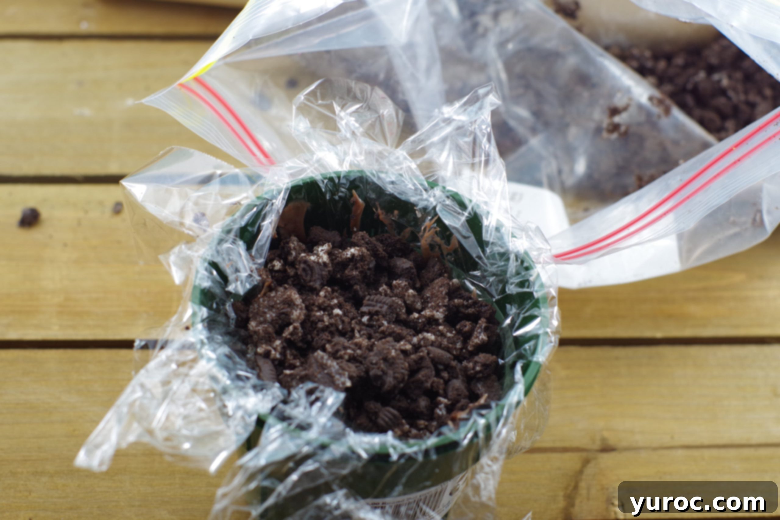 Sweet Seedlings 7 Pouring crushed Oreos onto pudding in a flower pot for the 'dirt' layer.
