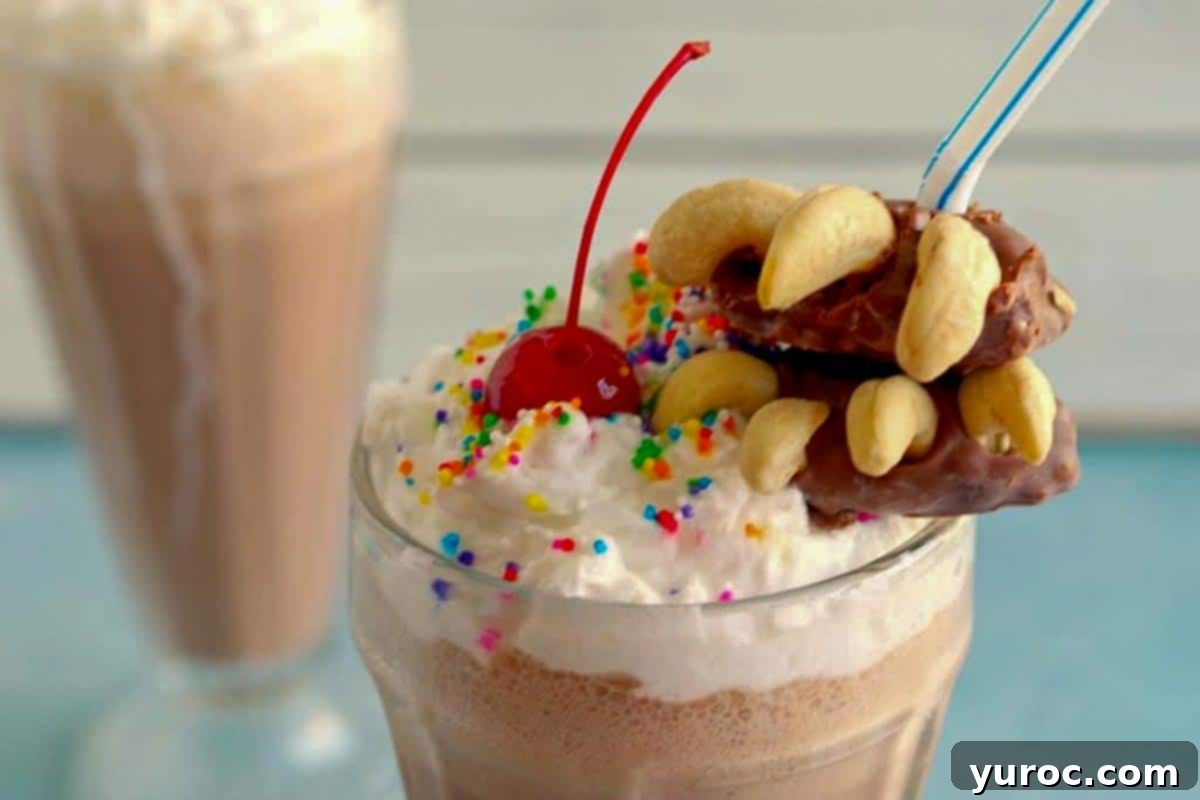 Close-up of a beautifully garnished chocolate caramel milkshake, with another blurred in the background, showcasing its decadent toppings.