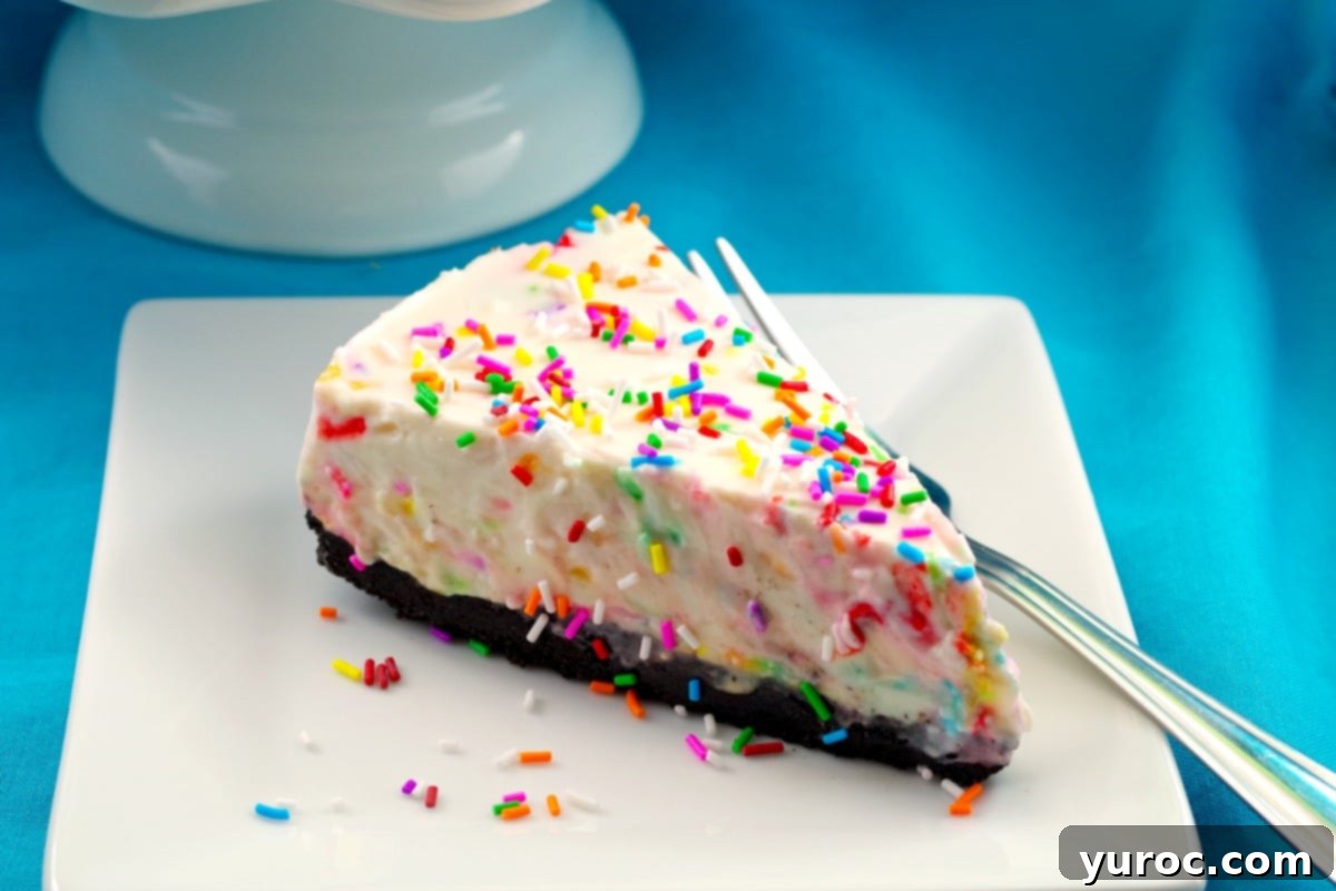 No bake birthday cake cheesecake piece - foodmeanderings.com