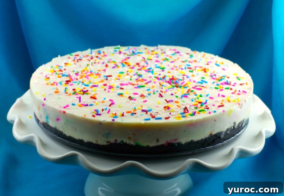No bake cake batter birthday cake cheesecake -whole cake - foodmeanderings.com