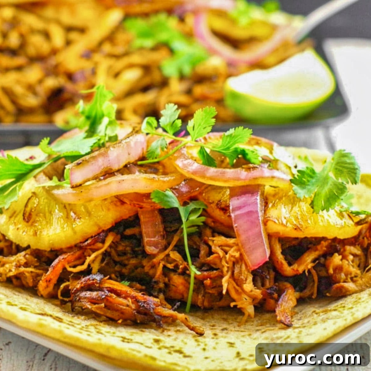 pineapple carnita on a soft taco shell with a tray of carnitas in background