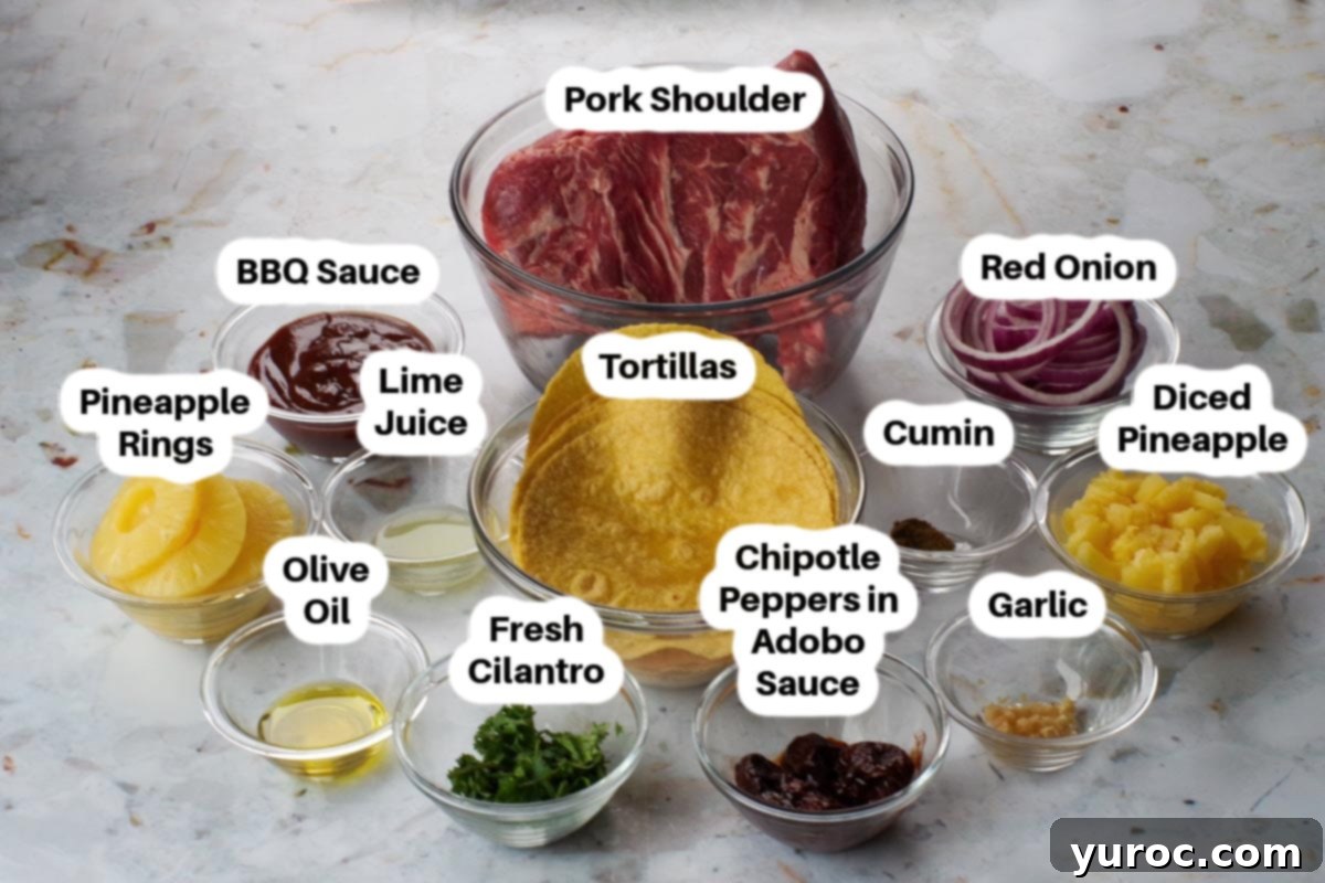 Pork Pineapple Carnitas ingredients in glass bowls, labelled.