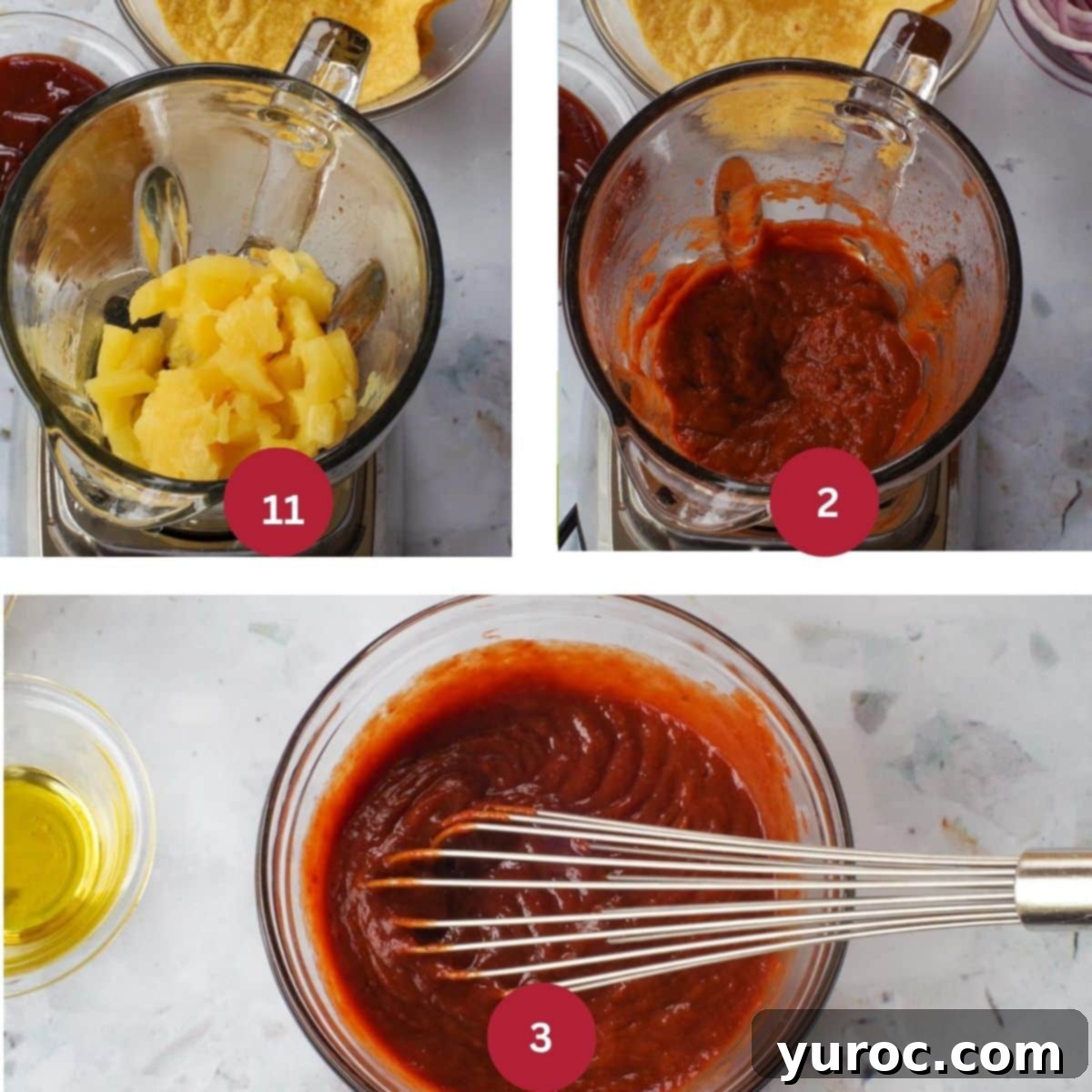 3 photos of pineapple pork carnita sauce being made.