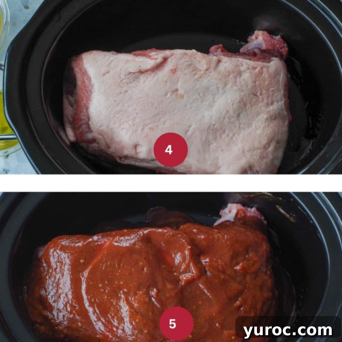 Collage of 2 photos of pork being prepared for slow cooking to make Pineapple Carnitas.