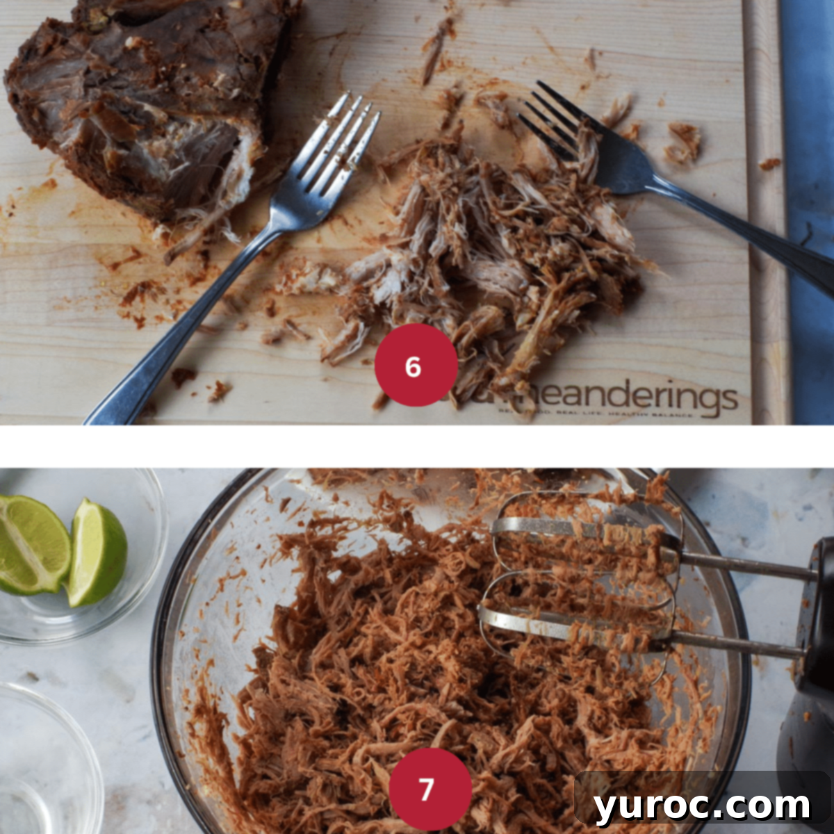 2 photo collage of pork being shredded by hand with forks,  in the top photo and with a mixer in the bottom photo.