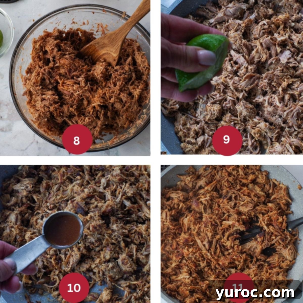 Collage of 4 photos of pork being crisped in the frying pan.