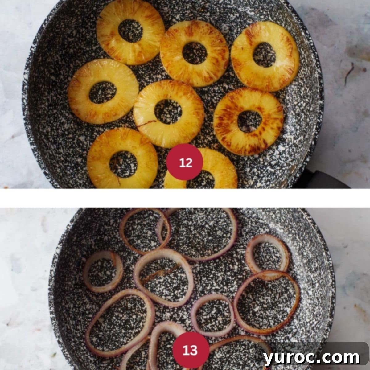 Collage of 2 photos of grilled veggies being made for pork pineapple carnitas. Top photo is grilled pineapple and bottom is grilled onions.