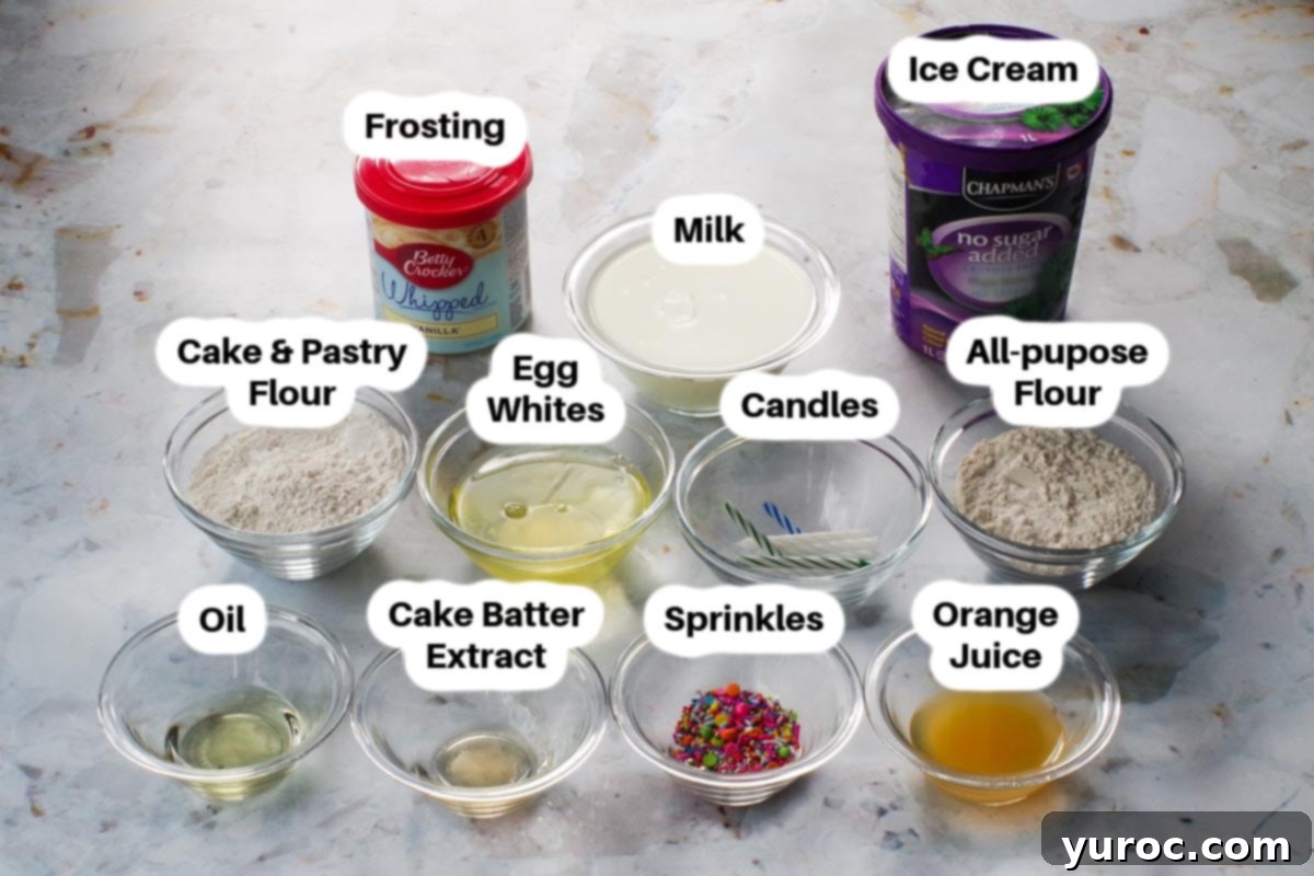Various ingredients for birthday cake crepes displayed in glass bowls.