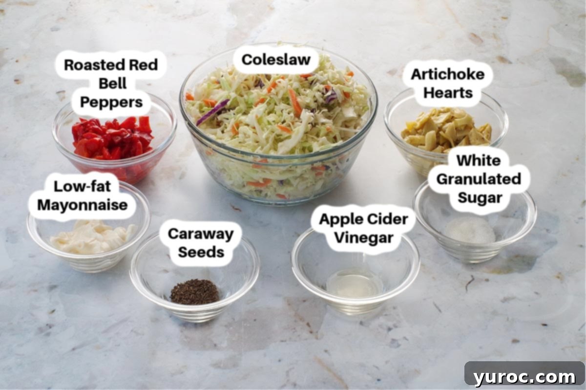 Zesty Artichoke Red Bell Pepper Slaw 3 Ingredients in Artichoke & Roasted Red Bell Pepper Coleslaw in glass bowls, labelled.