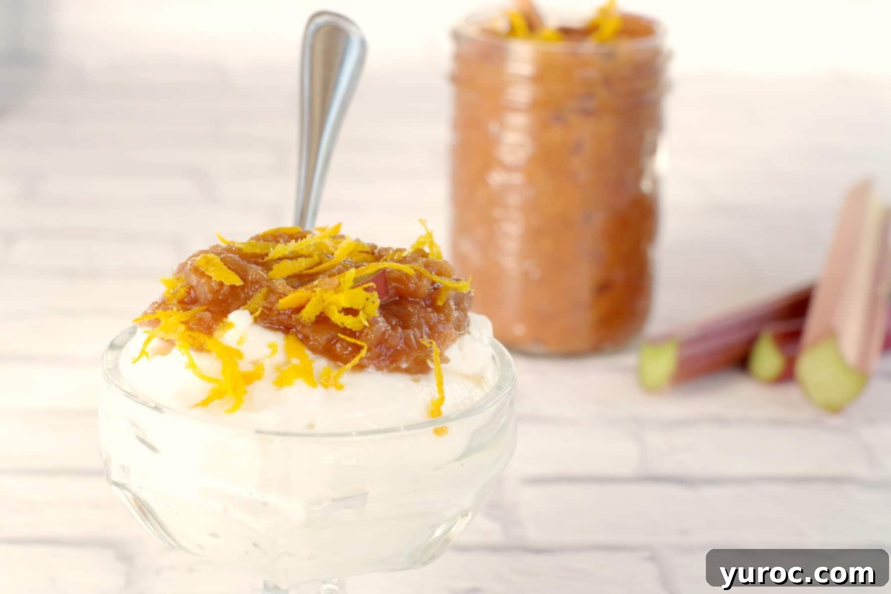 Creamy Greek yogurt topped with a generous serving of homemade rhubarb compote, garnished with fresh mint.