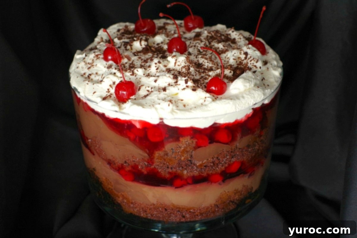 Black Forest Dream Trifle 2 A large clear glass trifle bowl filled with layers of chocolate cake, dark chocolate pudding, bright red cherry pie filling, and white whipped cream, garnished with chocolate shavings.