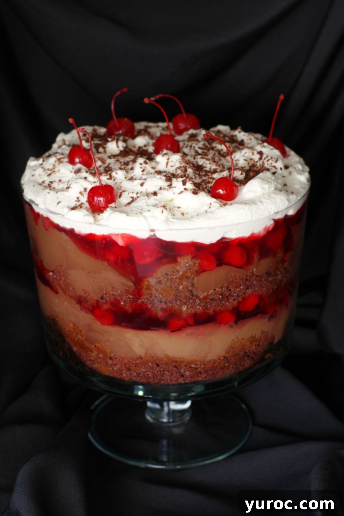 Black Forest Dream Trifle 5 An overhead shot of the beautifully layered Black Forest Trifle in a large glass bowl, garnished with chocolate shavings and cherries, with a dark background.