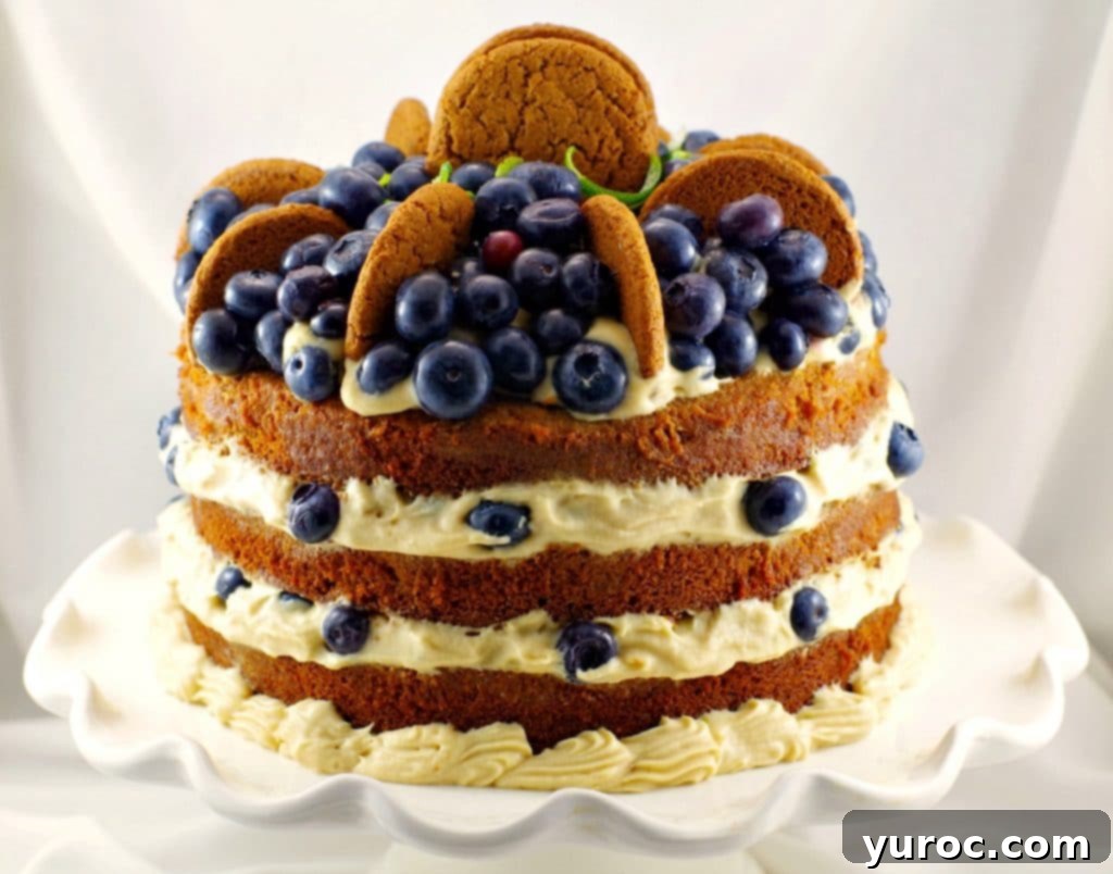 A beautifully decorated three-layer gingerbread cake with blueberry cookie butter filling, garnished with fresh blueberries, lime zest, and gingersnap cookies. Perfect for holiday celebrations and special occasions.