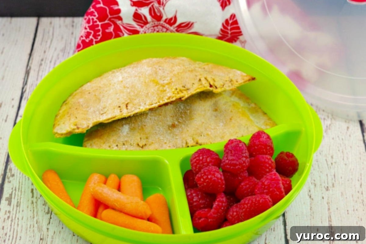 Wholesome Pita Pizza Pouches 13 2 healthy homemade pizza pops nestled in a 3-section green divided lunch container, accompanied by fresh raspberries in one section and baby carrots in the other, making a complete meal.