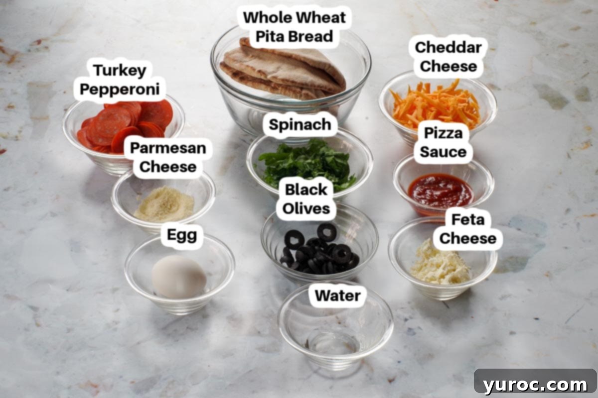 Wholesome Pita Pizza Pouches 4 Ingredients in Healthy Pizza Pockets laid out in glass bowls and labelled for clarity.