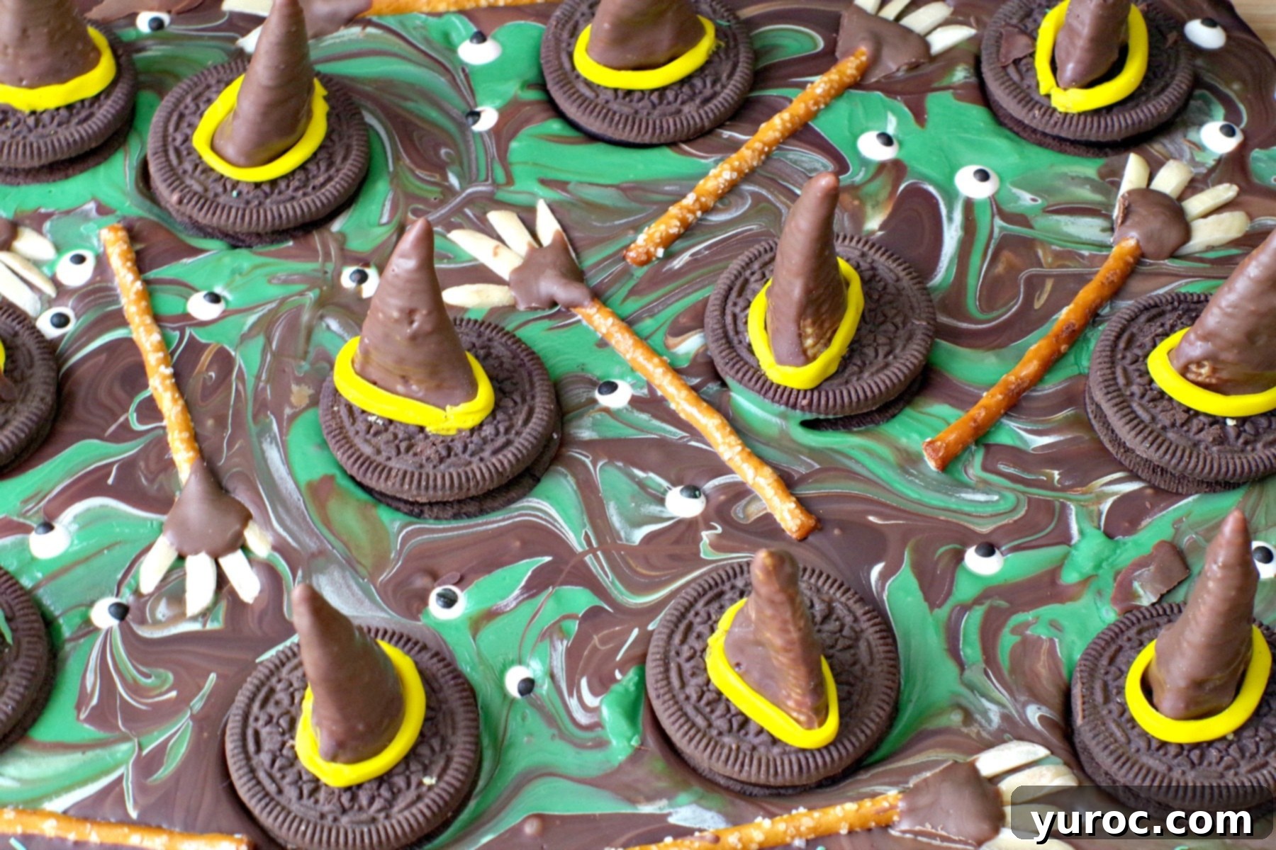 Bewitching Melted Witch Bark Bites 2 Melted Witch Halloween Chocolate Bark on a platter, ready for a Halloween party