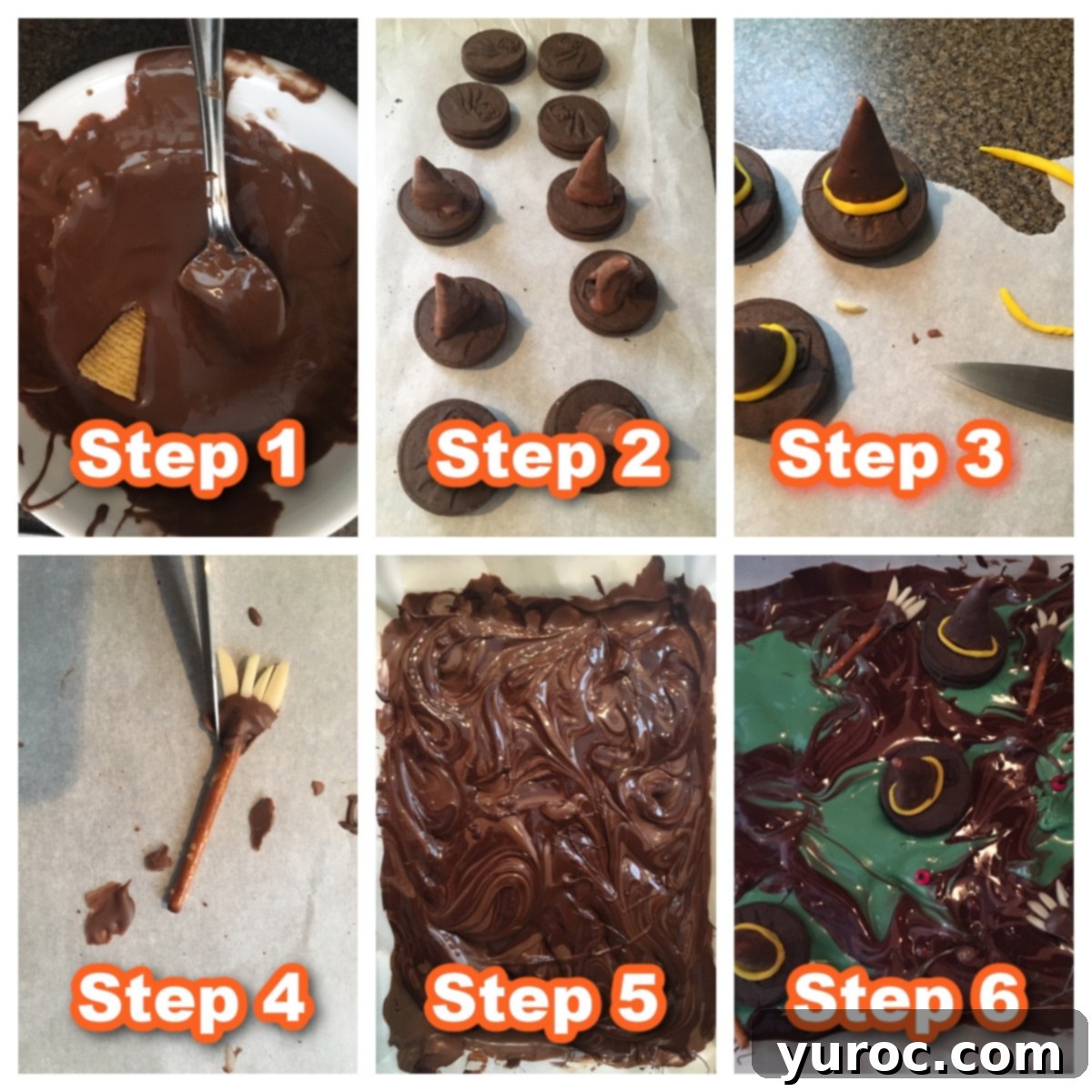 Bewitching Melted Witch Bark Bites 4 collage with 6 photos of steps to make melting witches chocolate bark