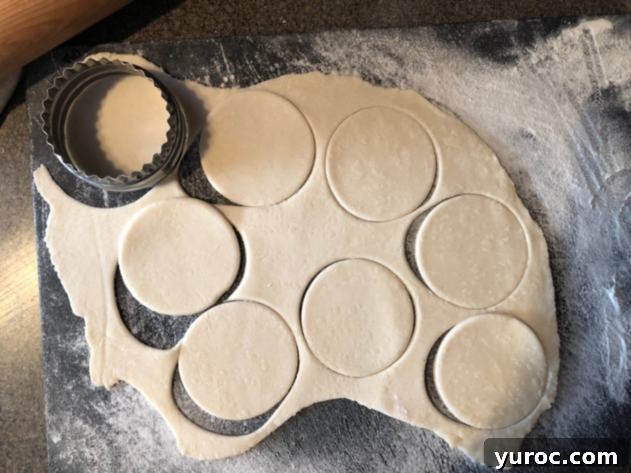 Rolling out dough and cutting 3-inch circles for Chinese potstickers assembly
