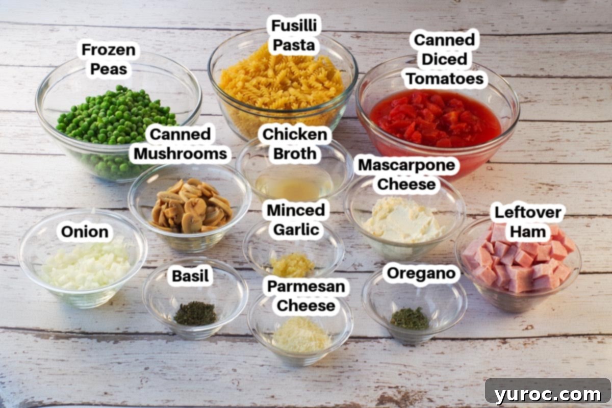 Ingredients in Leftover Ham Pasta in glass bowls, labelled.