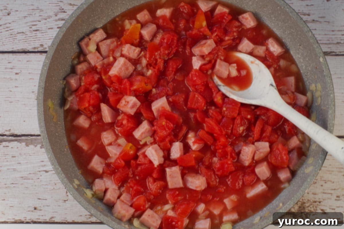 Tomatoes, garlic and chicken broth added to ham and onions.