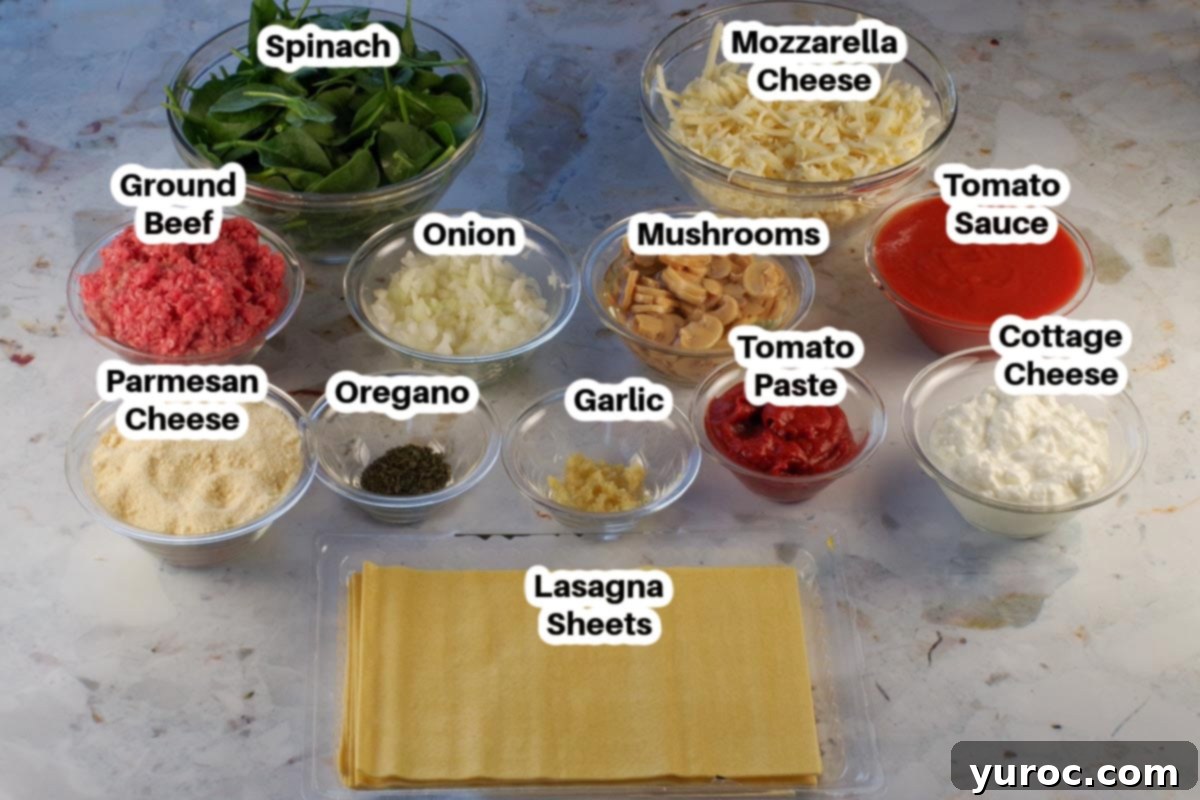 Prep-Ahead No-Boil Lasagna 2 Make-Ahead Lasagna ingredients laid out in glass bowls, clearly labelled