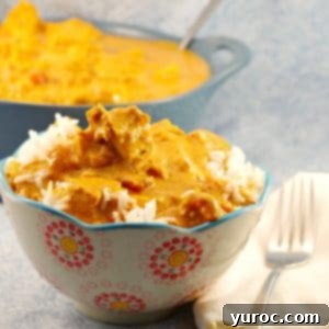 butter chicken in a patterned bowl with fork on the side and pot of healthy butter chicken in the background