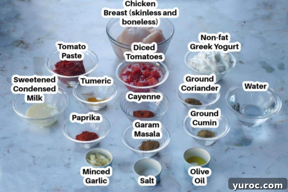 ingredients needed for ww butter chicken in glass bowls, labelled