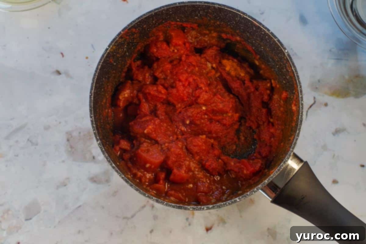 tomatoes, tomato paste and spices added to garlic in saucepan