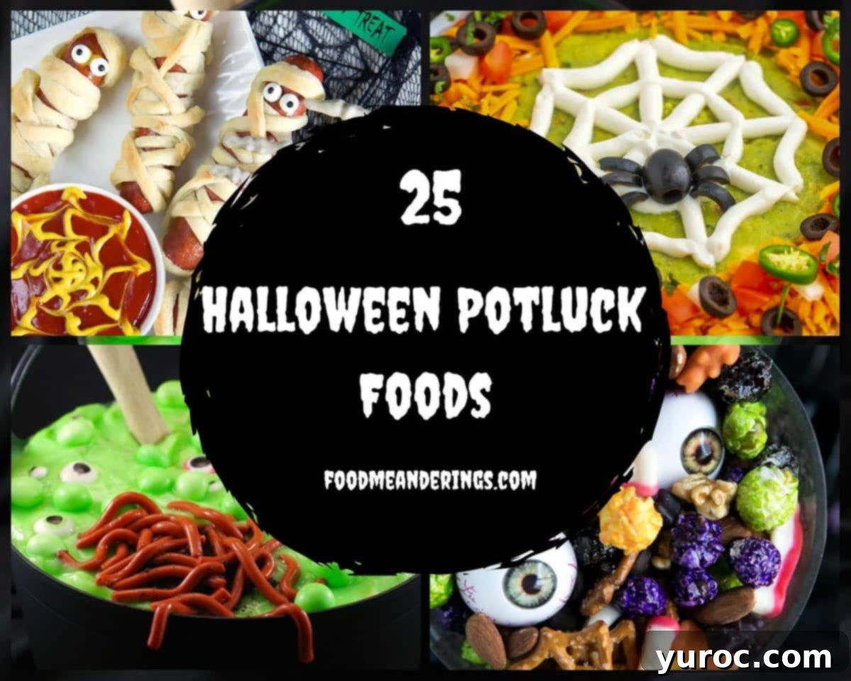Witch's Meltdown Halloween Punch 7 collage of 4 photos of Halloween potluck foods with white text on black background in the middle