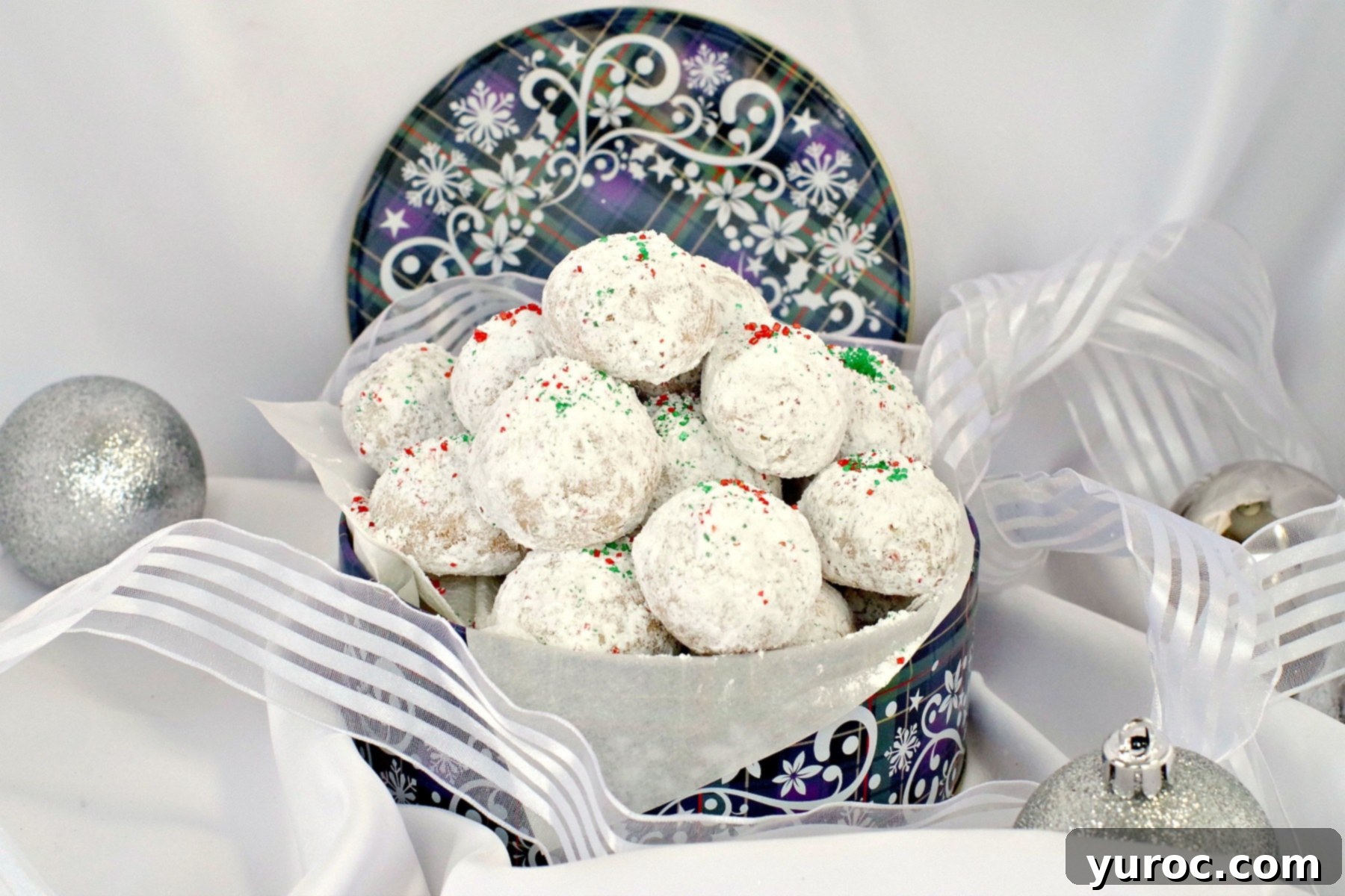 Winter Spice Almond Snow Puffs 2 Snowball cookies in blue tin, perfect for Christmas gifting