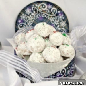Winter Spice Almond Snow Puffs 17 Almond Snowball cookies in a blue Christmas cookie tin, with ribbon around it