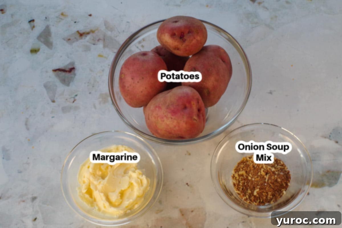 French Onion Baked Potatoes 3 3 ingredients in onion baked potatoes in glass bowls, labelled