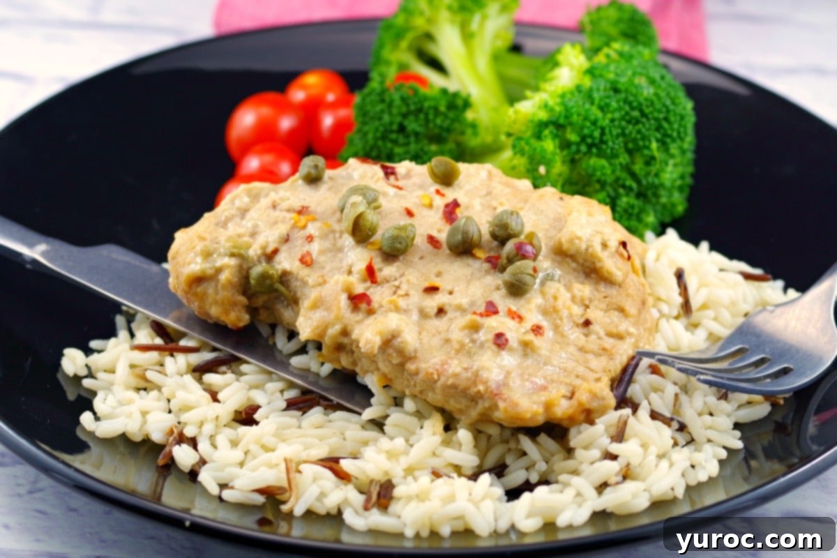 Creamy Mustard Caper Pork 2 Weight Watchers Boneless Pork Loin with Creamy Mustard Caper Sauce served with rice and greens