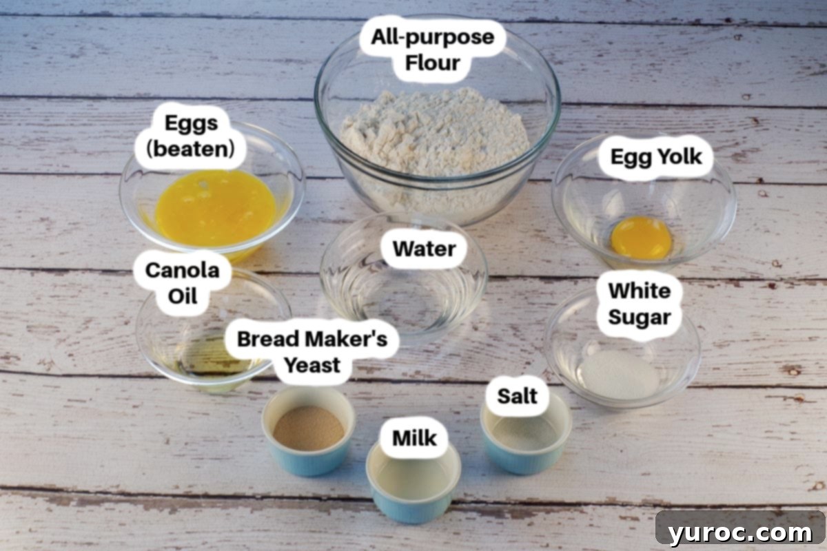 Ingredients in Kolach bread in glass bowls, labelled