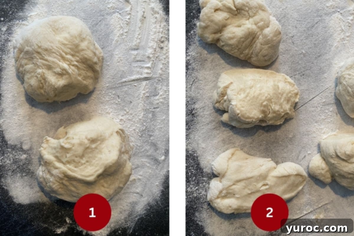 2 photo collage of dough divided into 2 , then 5 pieces on floured cutting board.