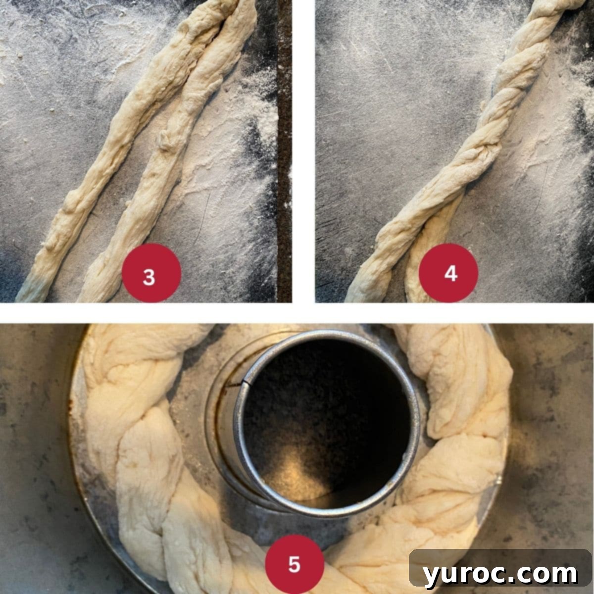 Collage of 3 photos of Kolach Ukrainian bread being made (first layer). 