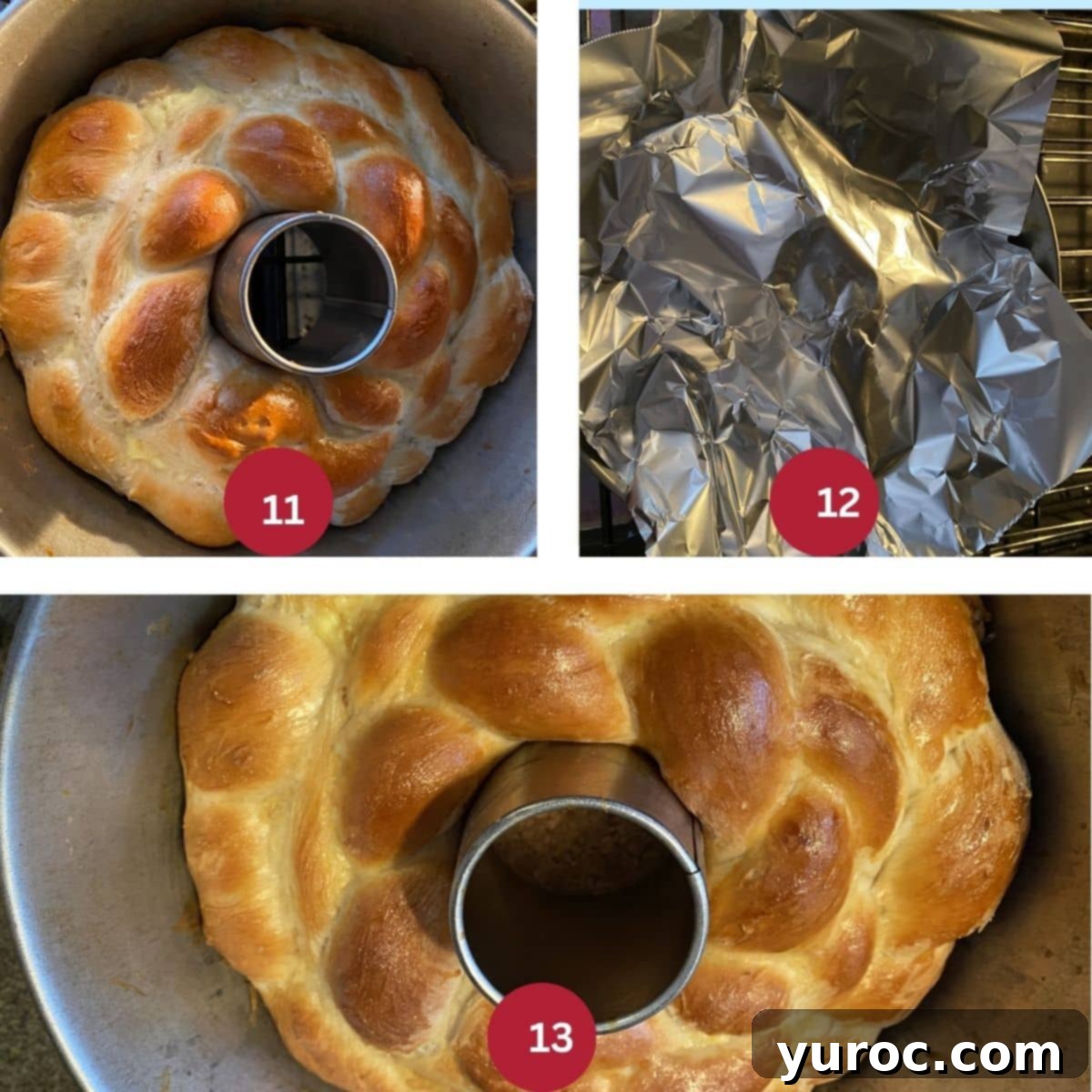Collage of 3 photos of Kolach Ukrainian bread being baked.