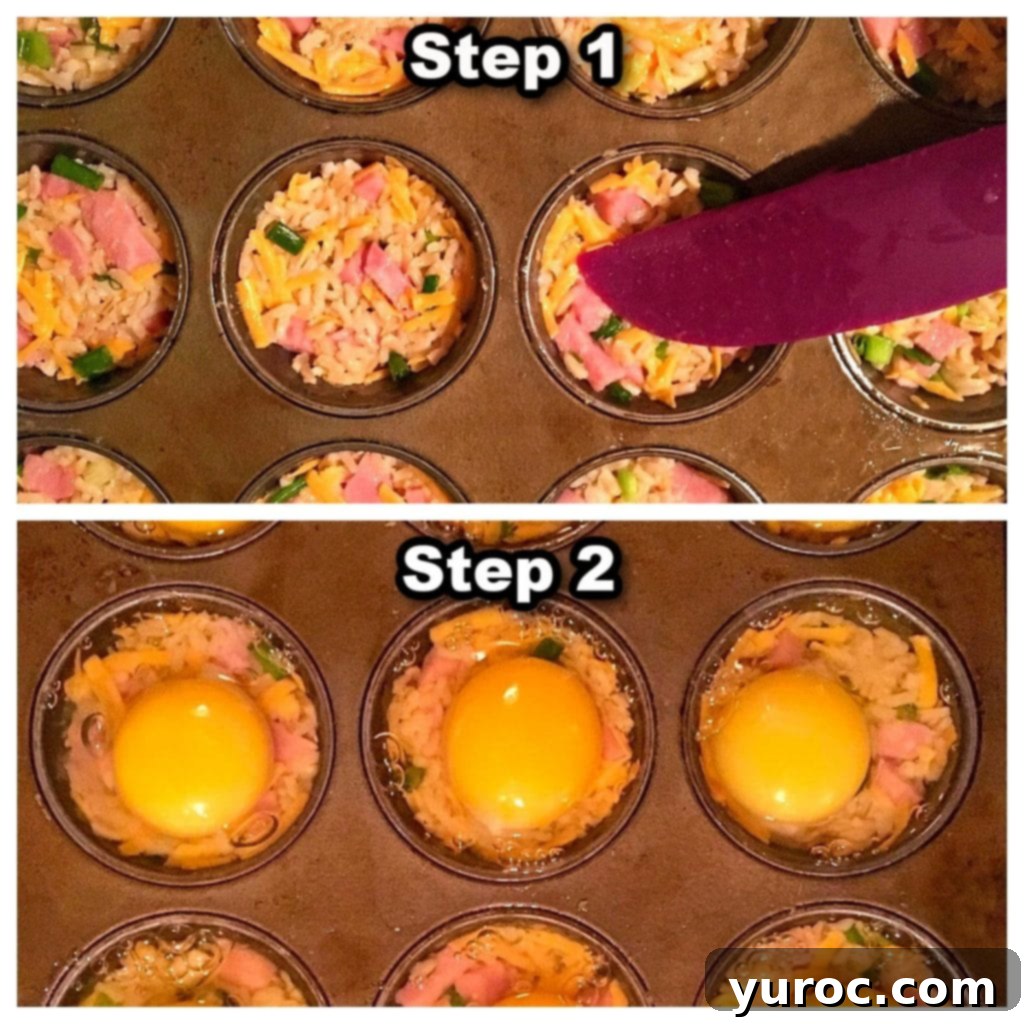 collage of 2 photos showing how to make muffin tin eggs benedict