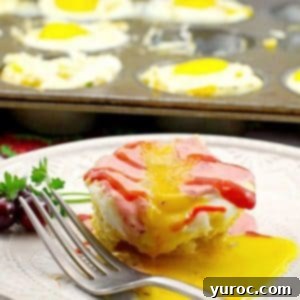 muffin tin eggs benedict on white plate with more muffin tin eggs benedict in muffin tin in background