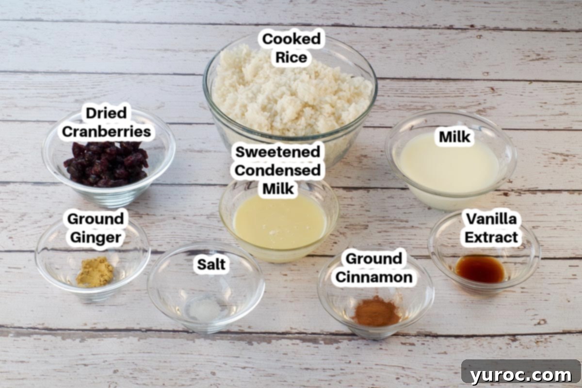Ingredients in Cranberry Rice Pudding in glass bowls, labelled.