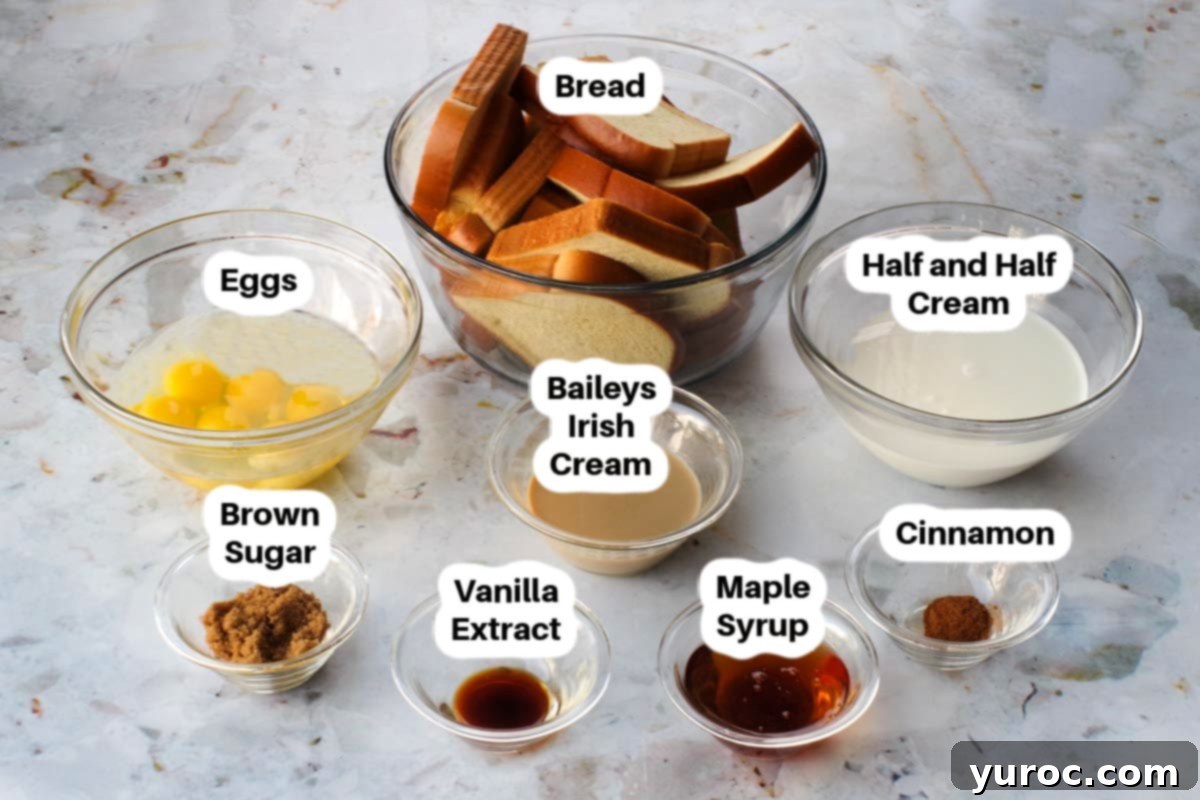Ingredients needed for Baileys French Toast Casserole in glass bowls, labelled.