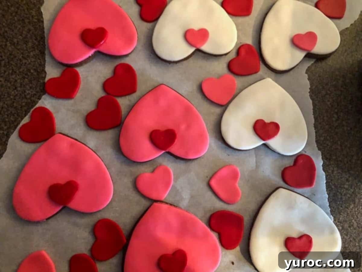 Purr-fect Heart-Shaped Cat Treats 5 small heart cat noses being put on heart-shaped cookies
